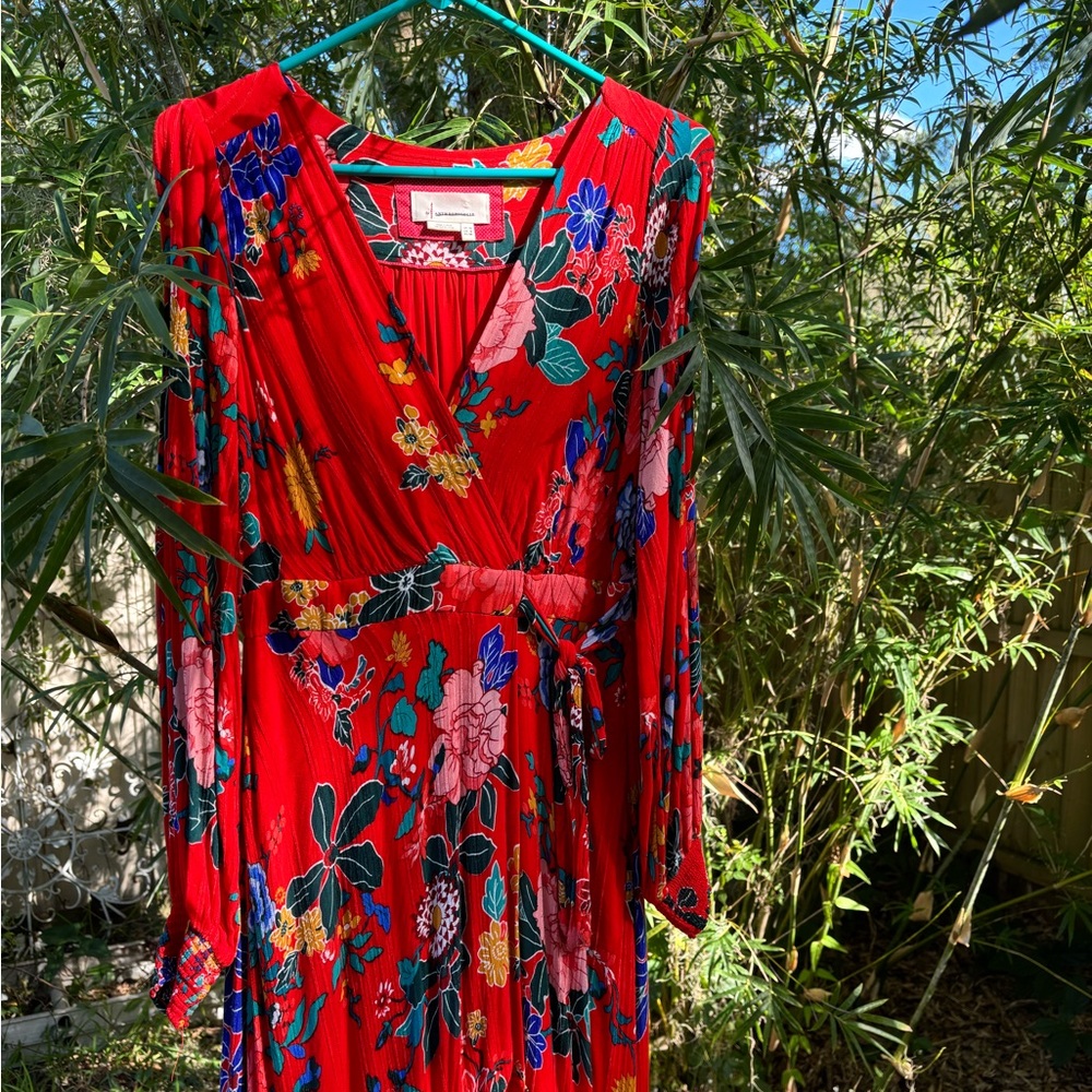 Anthropologie Red Floral Long Sleeve Dress